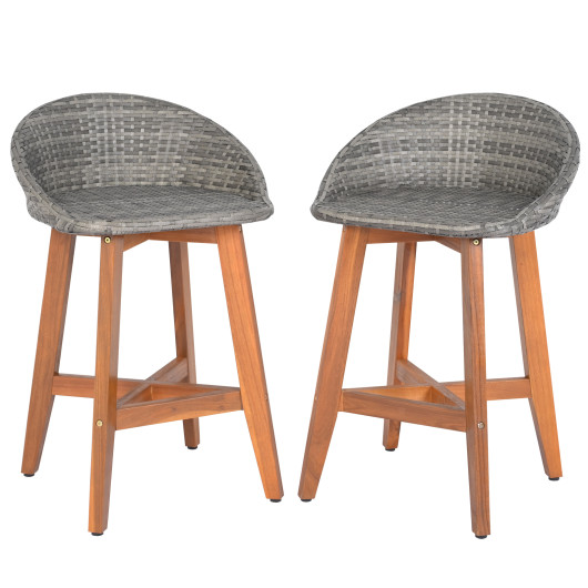 Outdoor Faux Rattan Bar Chairs Set of 2 with Ergonomic Backrests and Footrests-Gray