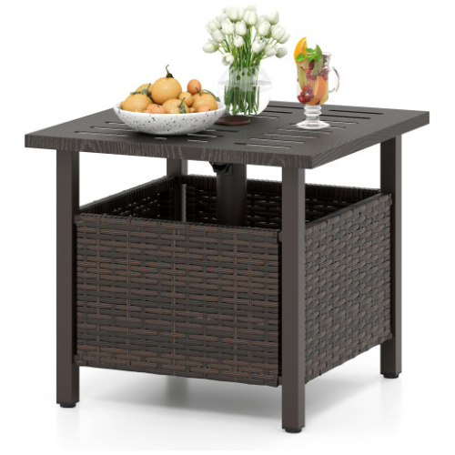 Outdoor Side Table All-Weather PE Wicker Patio Table with Umbrella Hole-Brown