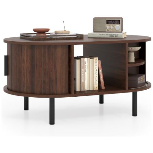 Oval Coffee Table with Open Compartment and Sector Shelves-Walnut