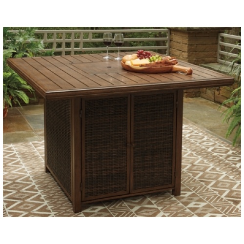 Paradise Trail Outdoor Bar Table with Fire Pit , Medium Brown