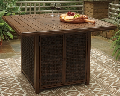 Paradise Trail Outdoor Bar Table with Fire Pit , Medium Brown