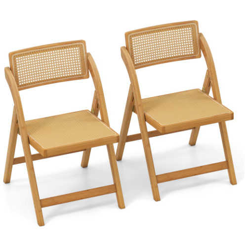 Rattan Cane Folding Dining Chairs Set of 2 with Rotatable Backrests-Natural