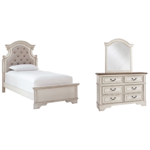 Realyn Twin Panel Bed with Mirrored Dresser, Chipped White