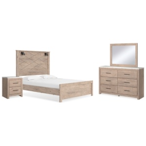 Senniberg Queen Panel Bed with Mirrored Dresser and Nightstand, Light Brown/White