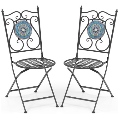 Set of 2 Mosaic Chairs for Patio Metal Folding Chairs-Multicolor