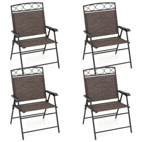 Set of 4 Patio Folding Chairs Set Dining Chairs with Armrests-Brown
