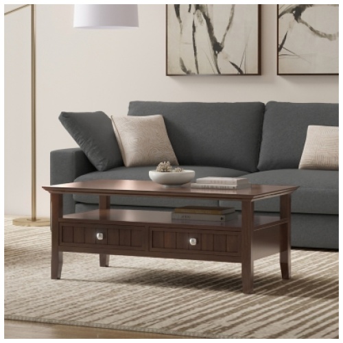 Simpli Home Acadian Coffee Table with Drawer, Brunette Brown