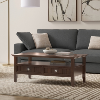 Simpli Home Acadian Coffee Table with Drawer, Brunette Brown