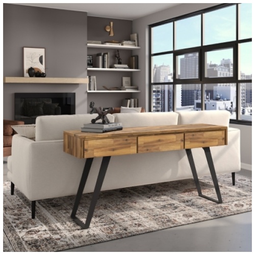 Simpli Home Lowry Console Sofa Table, Distressed Golden Wheat