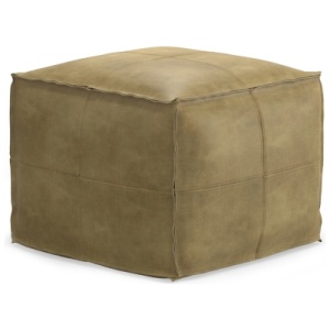 Simpli Home Sheffield Square Ottoman in Distressed Leather, Distressed Sandcastle