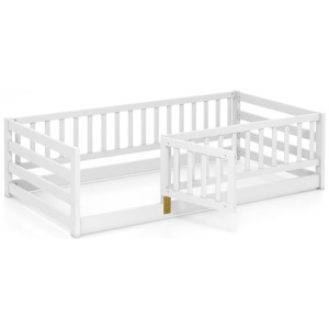 Twin Size Floor Bed with High Fence and Door Playhouse for Kids-White