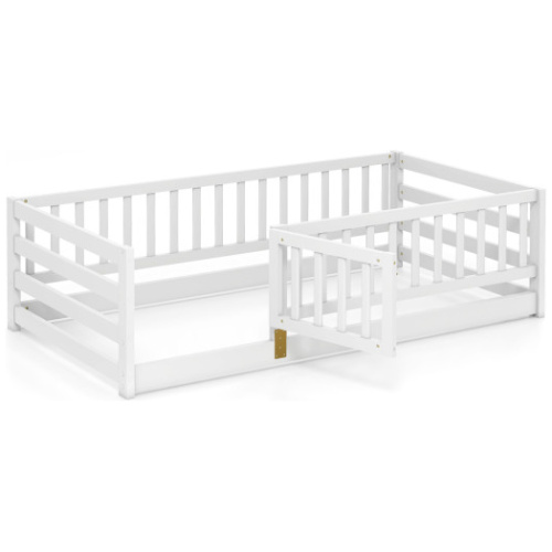 Twin Size Floor Bed with High Fence and Door Playhouse for Kids-White