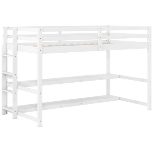 Twin Size Loft Bed with Storage Shelves Full-length Guardrails and Ladder-White