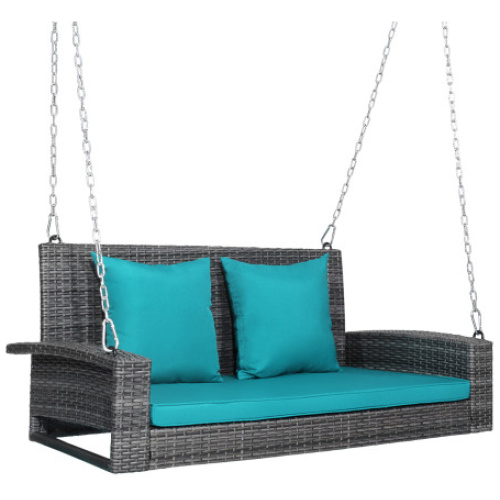 2-Person Patio PE Wicker Hanging Porch Swing Bench Chair Cushion 800 Pounds-Turquoise
