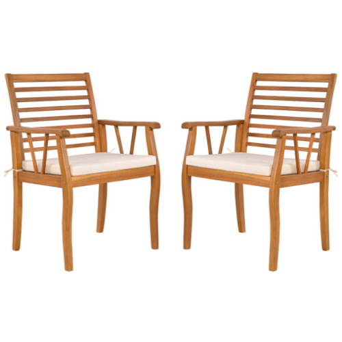 2 Pieces Patio Dining Chairs Outdoor Acacia Wood Armchairs Bistro Conversation Furniture-White