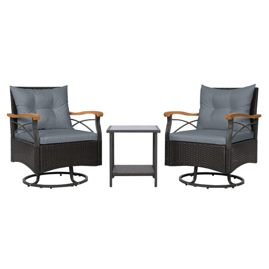3 Piece Outdoor Swivel Chair Set with Tempered Glass Side Table-Gray