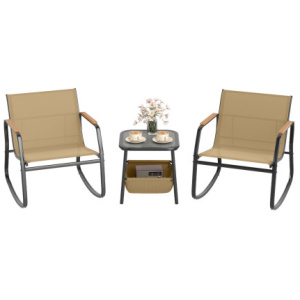 3 Piece Rocking Bistro Chairs and Side Table Set with Storage Bag-Brown