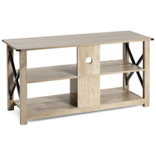 3 Tier Wood TV Stand for 55-Inch with Open Shelves and X-Shaped Frame-Gray