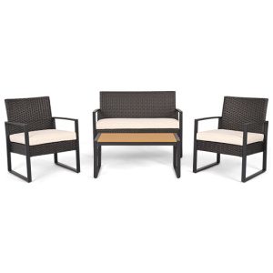 4 Piece Patio Furniture Set Outdoor Rattan Conversation Set with Cushioned Chairs and Wood Plastic Coffee Table-Off White