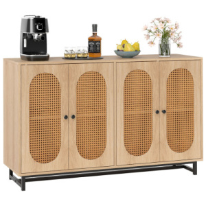 50 Inch Buffet Sideboard Cabinet with 4 Rattan Doors and Adjustable Shelves-Natural