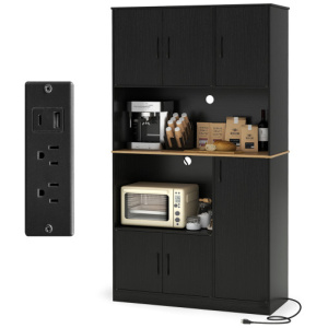 71" Tall Kitchen Pantry Cabinet with Charging Station Wooden Buffet Cupboard Sideboard-Black