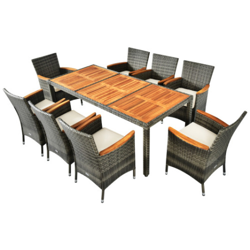 9 Pieces Rattan Patio Dining Set with Acacia Wood Table and Cushioned Chair