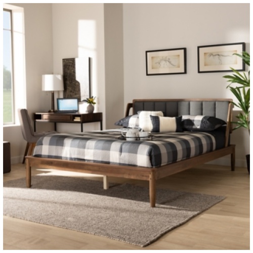 Baxton Studio Helsa Upholstered Queen Platform Bed, Dark Gray/Walnut
