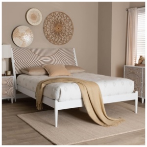 Baxton Studio Louetta Queen Panel Platform bed, White/Natural Brown