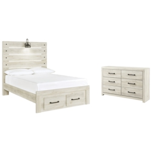 Cambeck Full Panel Bed with 2 Storage Drawers with Dresser, Whitewash