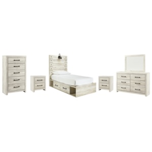 Cambeck Twin Panel Bed with 4 Storage Drawers with Mirrored Dresser, Chest and 2 Nightstands, Whitewash