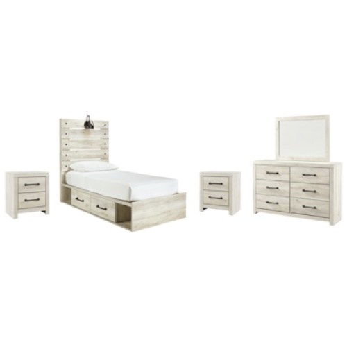 Cambeck Twin Panel Bed with 4 Storage Drawers with Mirrored Dresser and 2 Nightstands, Whitewash