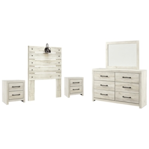 Cambeck Twin Panel Headboard Bed with Mirrored Dresser and 2 Nightstands, Whitewash