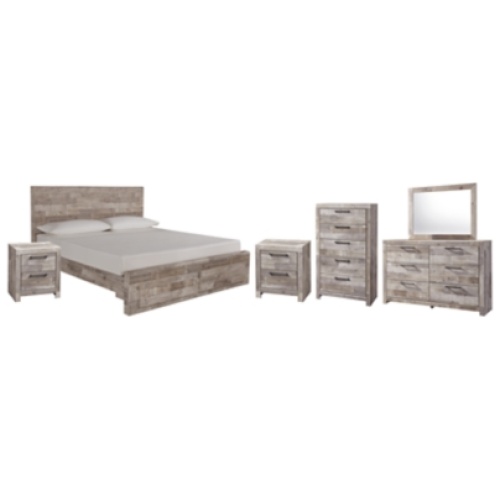 Effie King Panel Bed with 2 Storage Drawers with Mirrored Dresser, Chest and 2 Nightstands, Whitewash