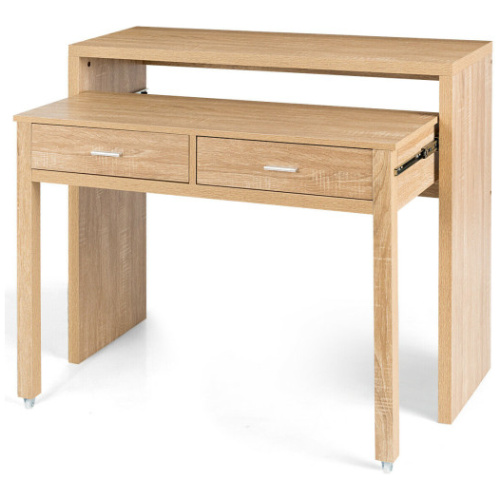 Extendable Computer Desk with Pull Out Secondary Desk-Natural