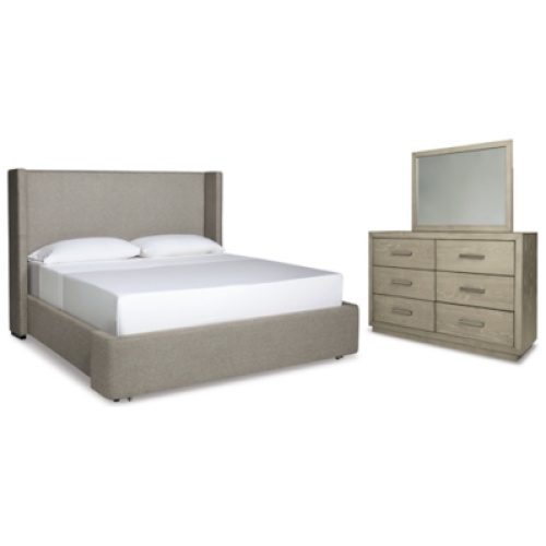 Fawnburg Queen Upholstered Bed with Mirrored Dresser, Gray