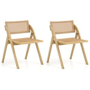 Foldable Dining Chairs Set of 2 with Woven Rattan Backrest-Natural