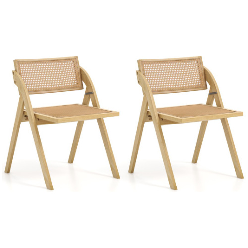 Foldable Dining Chairs Set of 2 with Woven Rattan Backrest-Natural