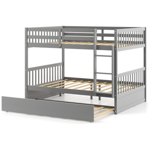 Full over Full Bunk Bed Platform Wood Bed with Ladder-Gray