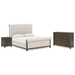 Hillcott King Upholstered Bed with Dresser and Nightstand, Dark Brown