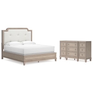 Jorlaina King Upholstered Panel Bed with Dresser, Light Grayish Brown