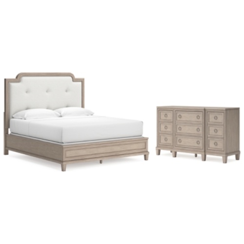 Jorlaina King Upholstered Panel Bed with Dresser, Light Grayish Brown