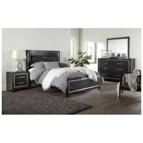 Kaydell Queen Upholstered Panel Bed with Dresser, Black