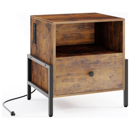 Nightstand with Charging Station and Drawer Sofa Side Table-Rustic Brown