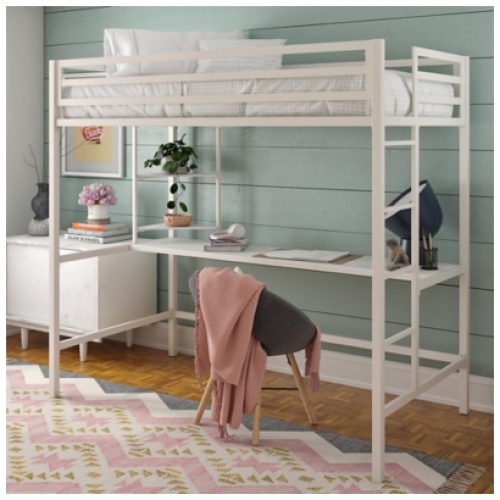 Novogratz Maxwell Metal Twin Loft Bed with Desk and Shelves, White
