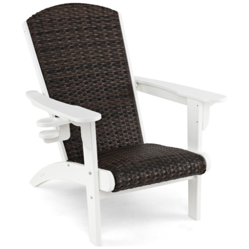 Patio Adirondack Chair with Rattan Padded Seat and Hidden Cupholder-White