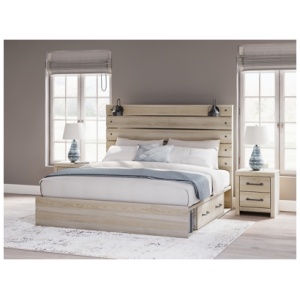 Senbry King Panel Bed with 2 Storage Drawers and 2 Cubbies, Tan