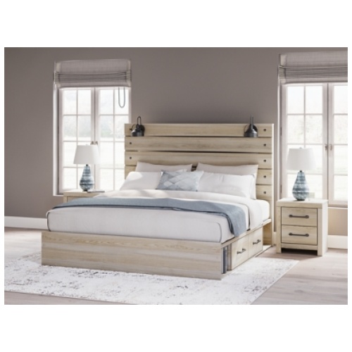 Senbry King Panel Bed with 2 Storage Drawers and 2 Cubbies, Tan