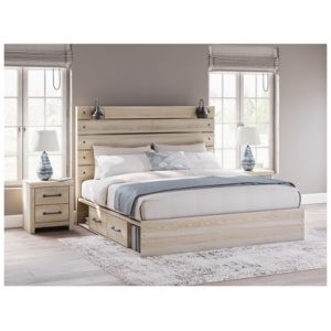 Senbry King Panel Bed with 4 Storage Drawers and 4 Cubbies, Tan