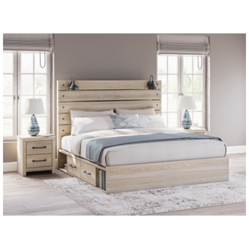 Senbry King Panel Bed with 4 Storage Drawers and 4 Cubbies, Tan