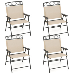 Set of 4 Patio Folding Chairs Set Dining Chairs with Armrests-Beige